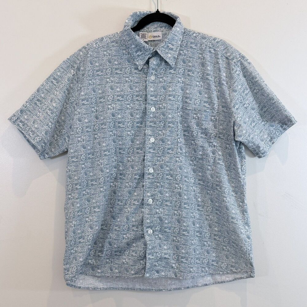 Stitch Hawaiian Vintage Aloha 100% Cotton Blue Tropical Mens L